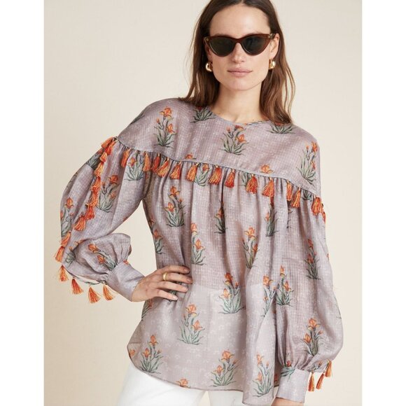 SACHIN + BABI Acacia Floral Tasseled Sheer Boho Blouse - Size S - Picture 1 of 16